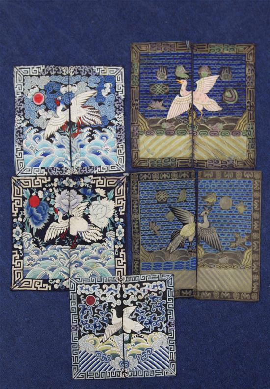 Five Chinese embroidered silk bird mandarin rank badges, c.1880-1910, ranging from 24 x 26cm to 29 x 30cm, some losses